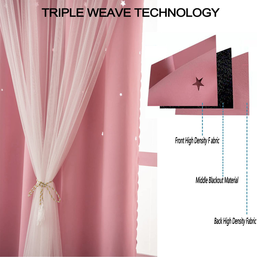LUGOTAL Pink Curtains for Girls Bedroom Kids Baby Room Decor Cute Double Layer Star Cutout Curtains Room Darkening Window Curtain for Nursery (Pink, 42W x 84L,2 Panels)