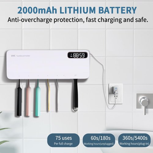 ZOZOO UV Toothbrush Sanitizeri Holder with 99.9% Cleaning,Air Dry,Heating,5+1+1 Slots,12 Hour Memory,Rechargeable Wall Mounted Strong Adhesive Toothbrush Holder with Cover for Bathroom(White)