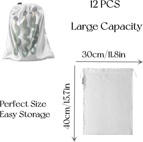 GONGKANGYUAN Satin Wig Bags - 12 Pcs Soft Silk Pouches with Drawstring for Hair Extensions | White