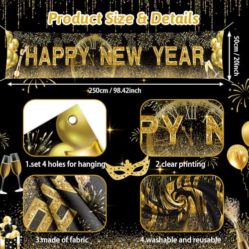 AIBIIN Happy New Year 2026 Gold Backdrop Banner 118x20 Inch Party Decor