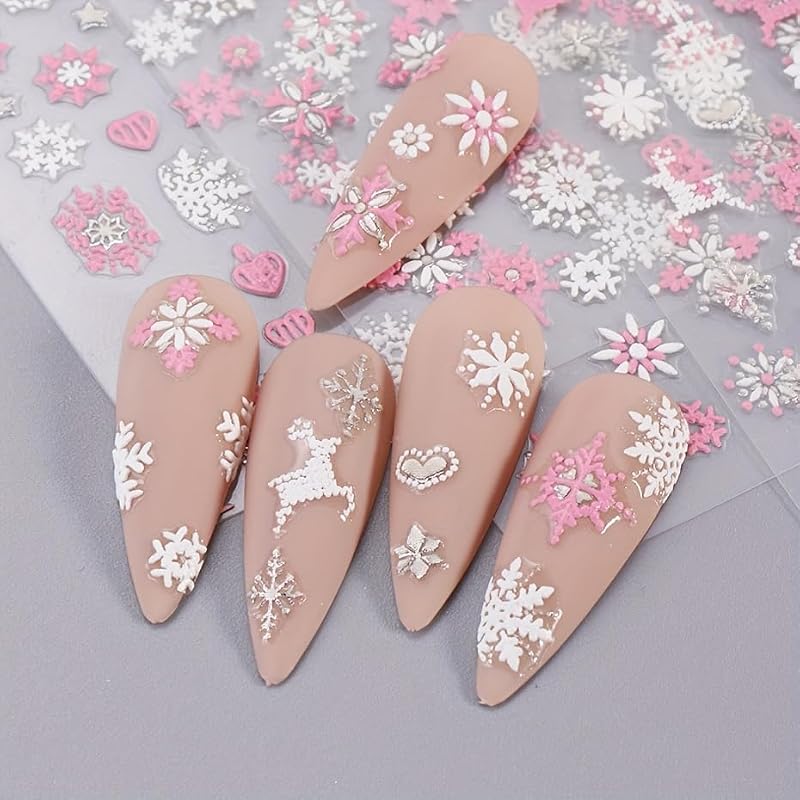 SWEET TREND 12pcs Christmas Nail Stickers - Matte Self-Adhesive Snowflake & Reindeer Holiday Manicure Decals