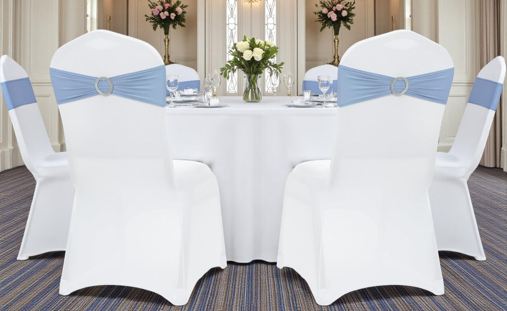 MDS Spandex Chair Sashes - Pack of 200 Elastic Stretch Bows with Buckle Slider | Baby Blue Wedding Decor