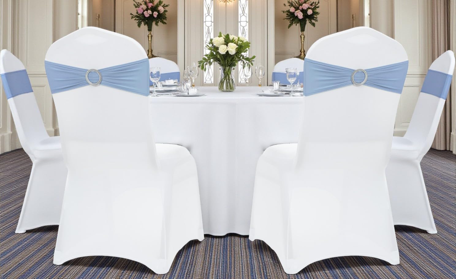 MDS Spandex Chair Sashes - Pack of 200 Elastic Stretch Bows with Buckle Slider | Baby Blue Wedding Decor