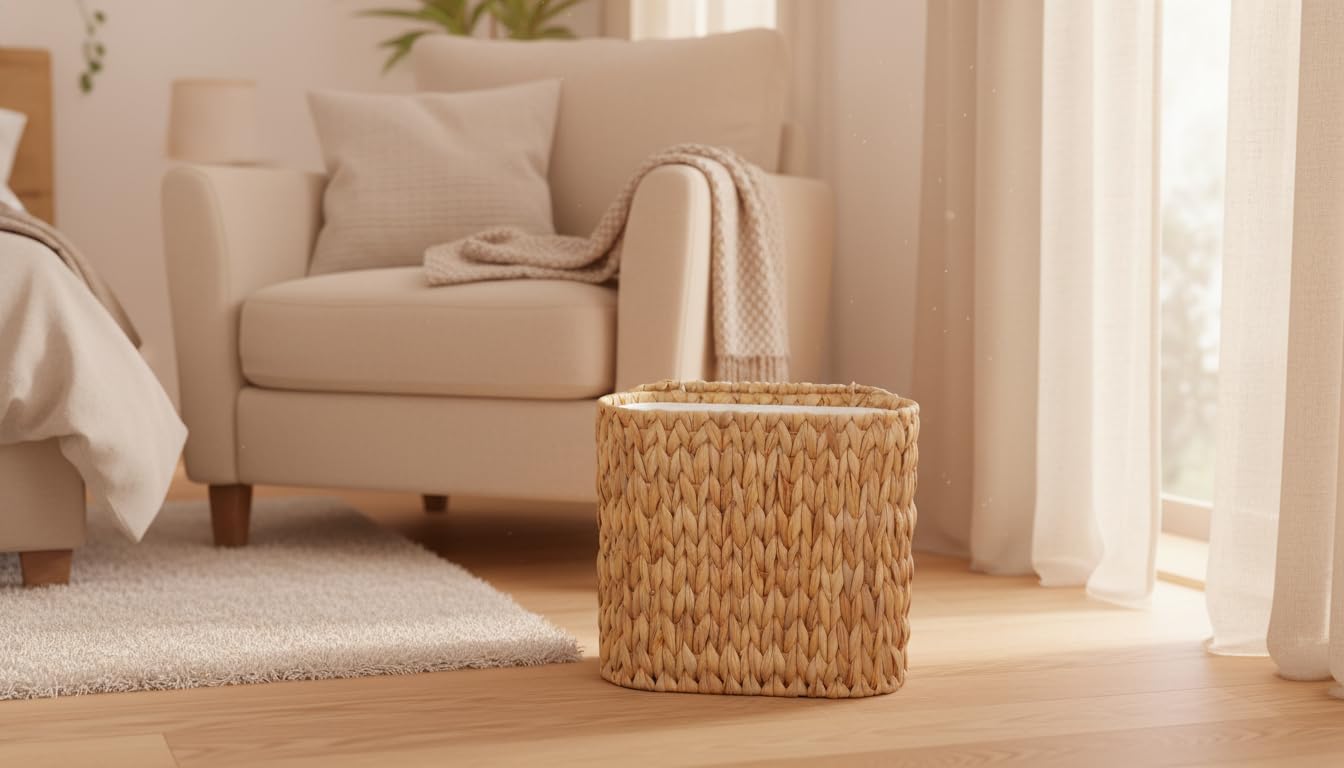 Coeusy Wicker Bathroom Trash Can with Lid,Narrow Rattan Waste Basket with Removable Liner Bucket,Slim Woven Water Hyacinth Garbage Can for Bedroom,Office,Small Spaces,3 Gallon