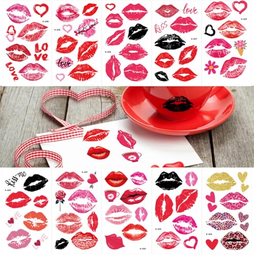 Valentine Lip Temporary Tattoo Stickers - 20 Sheets Heart Designs