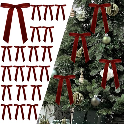 24Pcs Velvet Christmas Bows for Tree Decor Burgundy 1 Inch Width