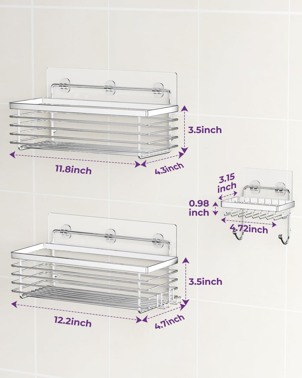 ODesign Shower Caddy - 3 Pack SUS304 Stainless Steel | No Drilling, Rustproof Wall-Mounted Organizer - Silver