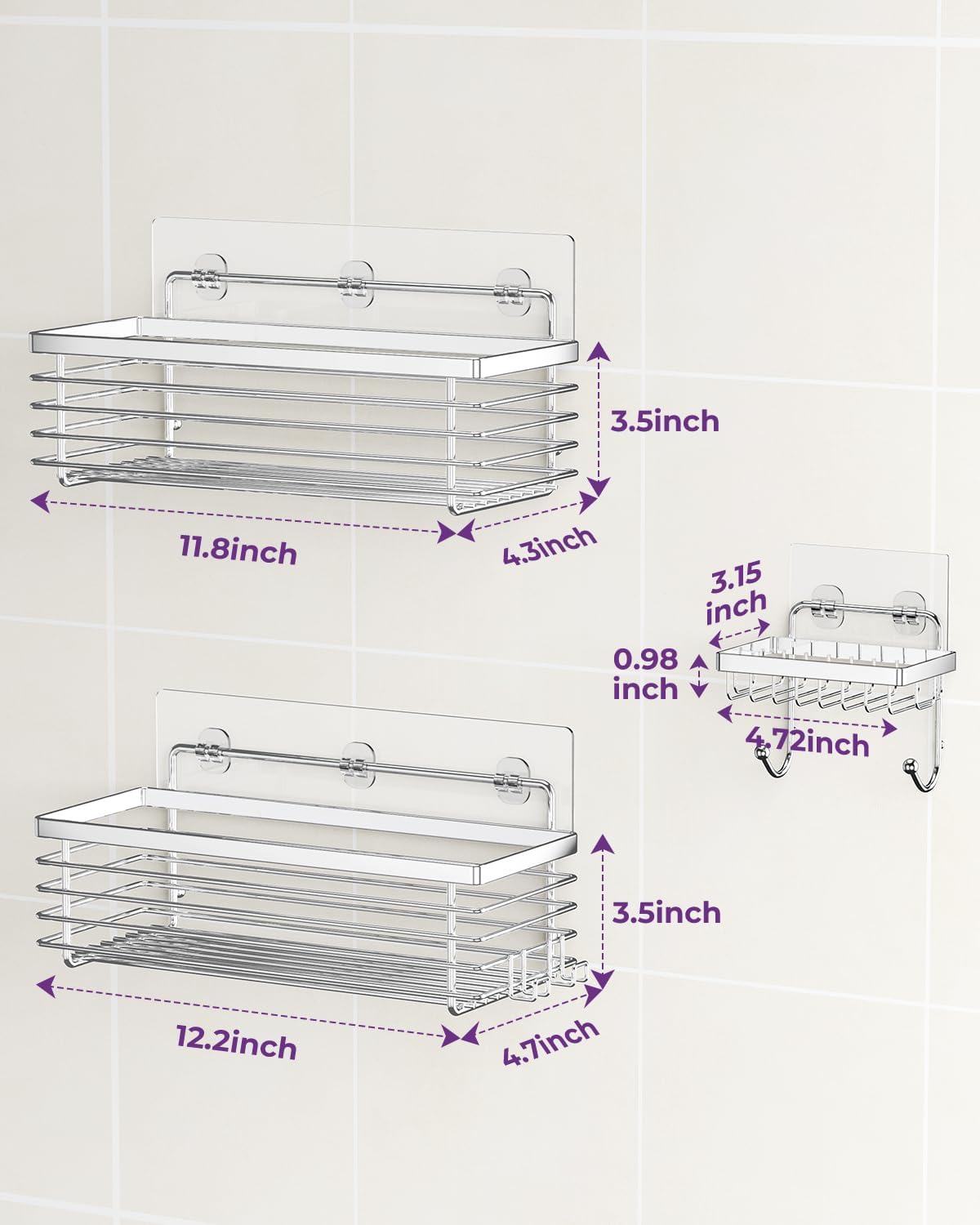 ODesign Shower Caddy - 3 Pack SUS304 Stainless Steel | No Drilling, Rustproof Wall-Mounted Organizer - Silver