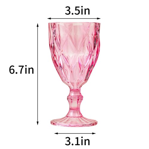 24 Pack Vintage Wine Glasses, Plastic Reusable 12 Ounce Colored Water Goblets, Unique Embossed Pattern Unbreakable Stemmed Wine Glasses High Clear Wedding Party Bar Drinking Cups Pink
