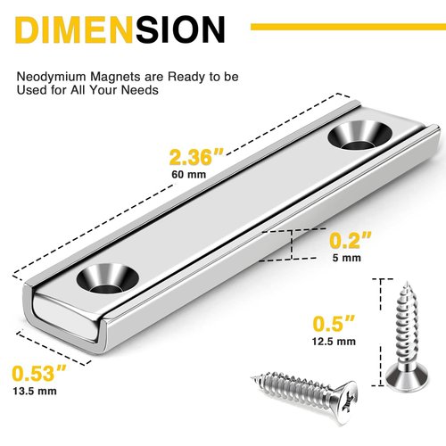 DIYMAG Neodymium Rectangular Pot Magnets - Strong Hold with Countersunk Holes, 60x13.5x5mm, Pack of 8