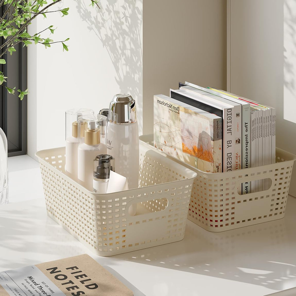 Resze Plastic Storage Baskets - 6 Pack Stackable Organizer Bins with Lids | Space-Saving White Design for Home & Office