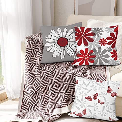 Red Grey Daisy Throw Pillow Covers 20x20 Set of 6 - Farmhouse Home Decor