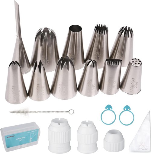 Kasmoire 11-Piece Extra Large Piping Tip Set | Stainless Steel Cake Decorating Nozzles for Pastry, Cupcakes & Cookies