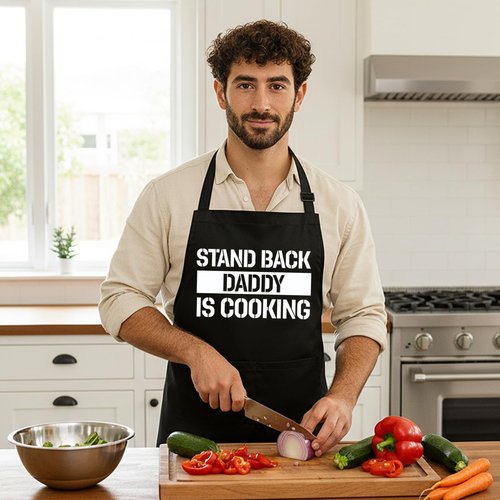Niyorayna Funny Black Grill Apron with Pockets for Man,Daddy,Husband,Father in Law,Standback Daddy is Cooking,Dad Grilling Apron Gifts from Daughter Son,Man BBQ Cooking Gifts for Birthday Christmas