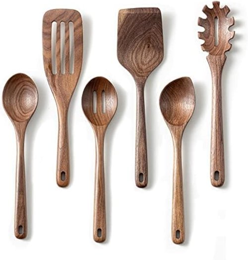 Gudamaye 12-Inch Black Walnut Wooden Cooking Spoons - 6-Piece Long Handle Utensil Set
