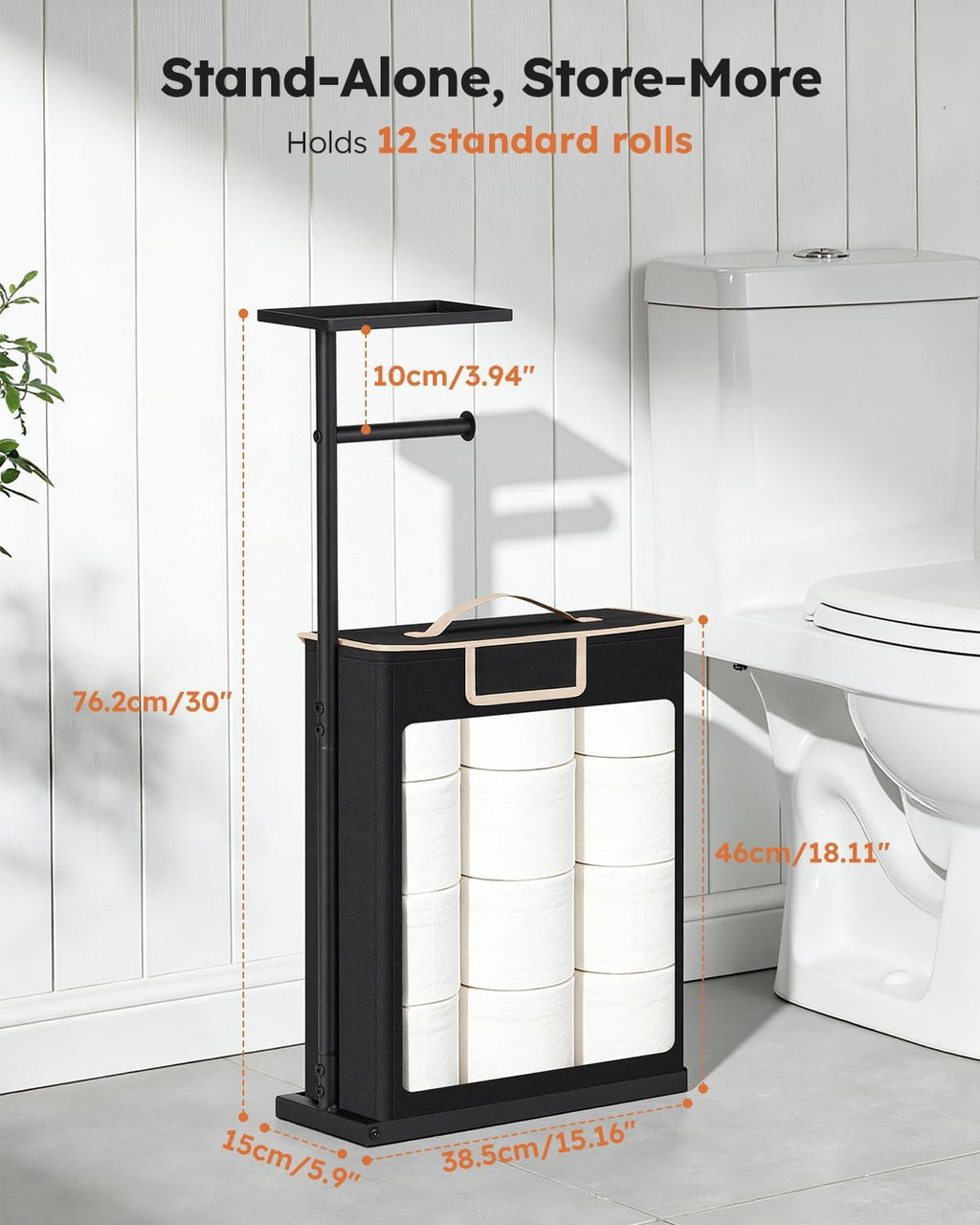 Skiennix 30" H Toilet Paper Holder Stand - Rustproof Free Standing Organizer with Shelf & Basket, Black