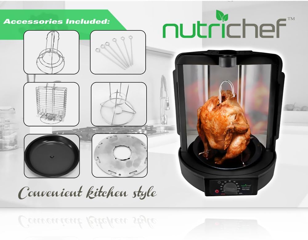 NutriChef Vertical Countertop Rotisserie Oven - Rotating Shawarma & Kebab Machine with Skewer, Rack & Drip Tray