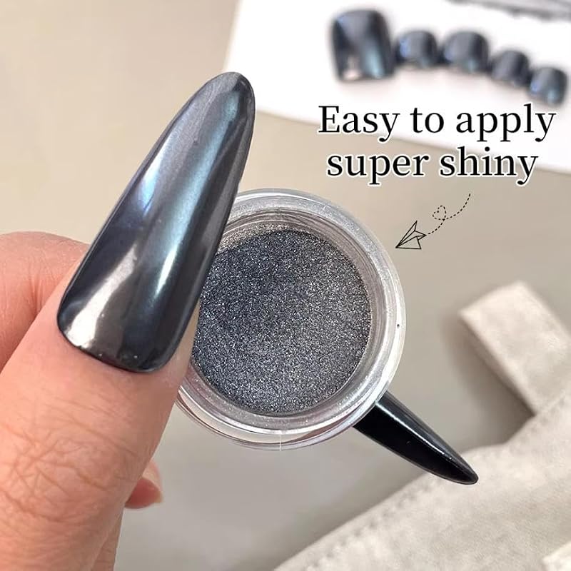 Bellecrey Black Chrome Nail Powder Mirror Metallic Pigment Glitter Dust