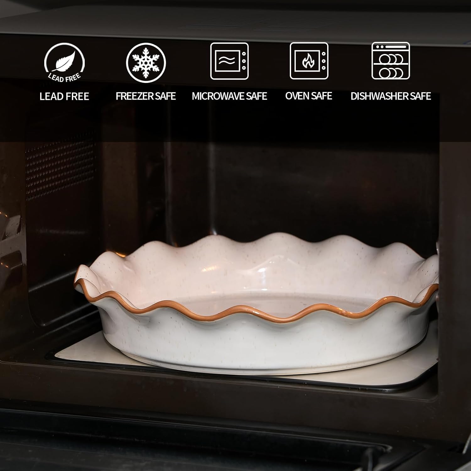 SIDUCAL Non-Stick Ceramic Pie Pan - 10.5 Inch Deep Dish with Ruffled Edge | Dishwasher & Oven Safe (White)
