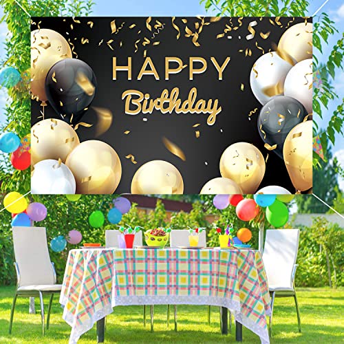 Happy Birthday Backdrop Banner - Black and Gold Party Decoration