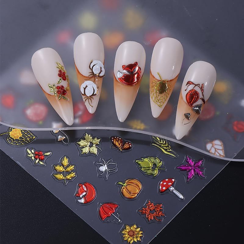 Fall Colorful 3D Self-Adhesive Nail Stickers Maple Leaves Pumpkin