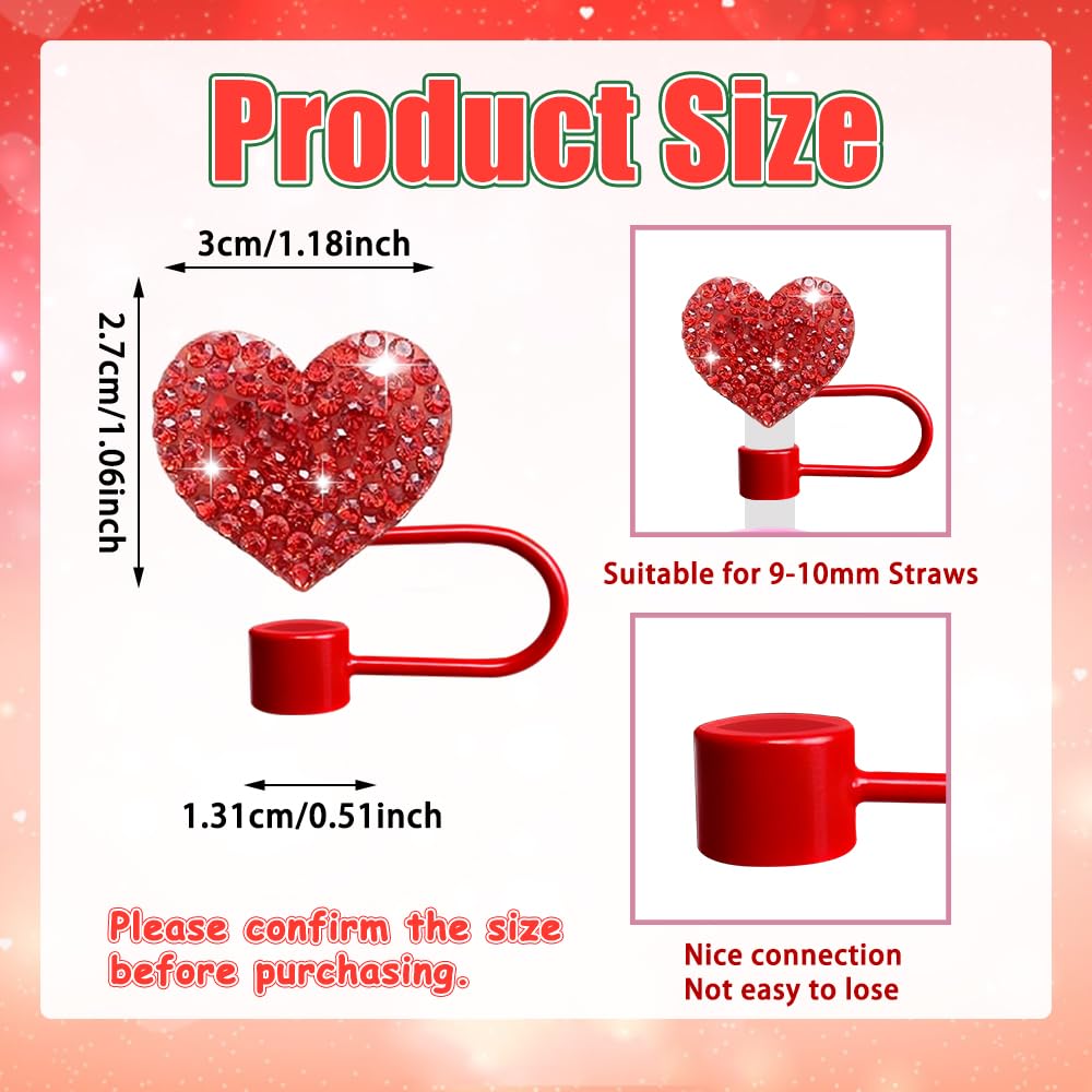 BAISDY 6pcs Bling Hearts Straw Topper for Stanley Cup, Assorted 3 Color Valentine's Day Straw Covers Cap