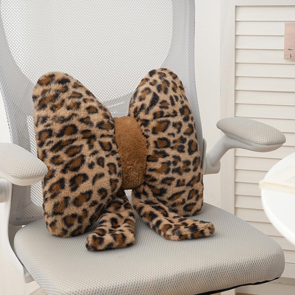 GKWW 2 Pack Cute Leopard Print Bow Throw Pillows Furry Cheetah Bownote Plush Pillow Decor Bow Lumbar Suffed Pillow for Home Living Room Bedroom Bed Couch Cushion