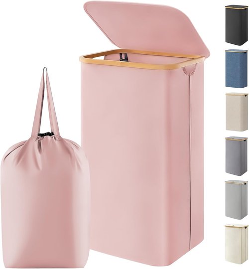 Lifewit 100L Laundry Basket - Foldable Hamper with Lid & Bamboo Handles | Pink, Removable Bag Included