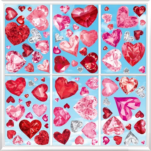Valentine's Day Window Clings, 9 Sheets Double-Sided Diamond Heart Glass Stickers