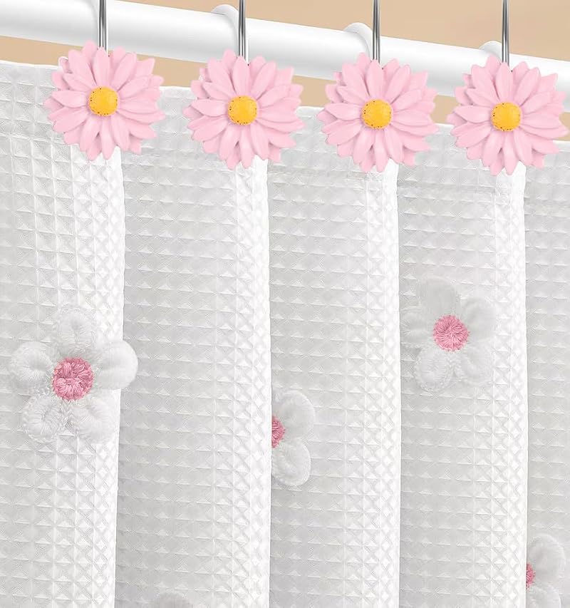 Pink Daisy Flower Shower Curtain Hooks - 12-Piece Anti-Rust Stainless Steel