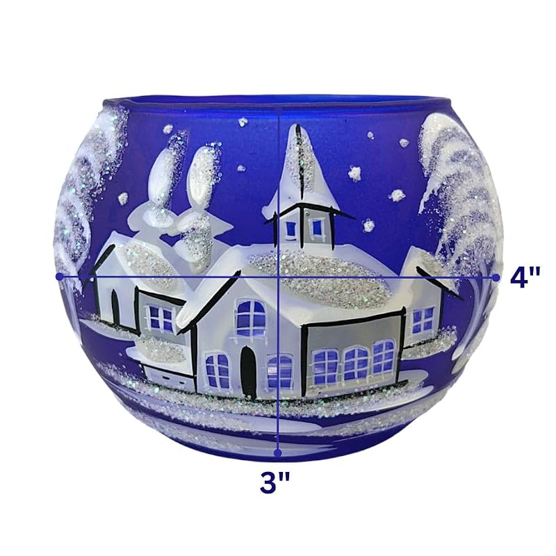 Christmas Tea Light Candle Holder Glass - Hand Painted Mouth Blown Glass, Blue, Medium - Decorvo