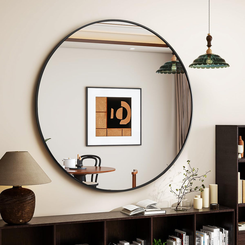 VETROVUE Black Round Mirror, 24 Inch Circle Bathroom Mirror with Metal Frame, Wall-Mounted for Entryway, Bathroom, Vanity, Living Room
