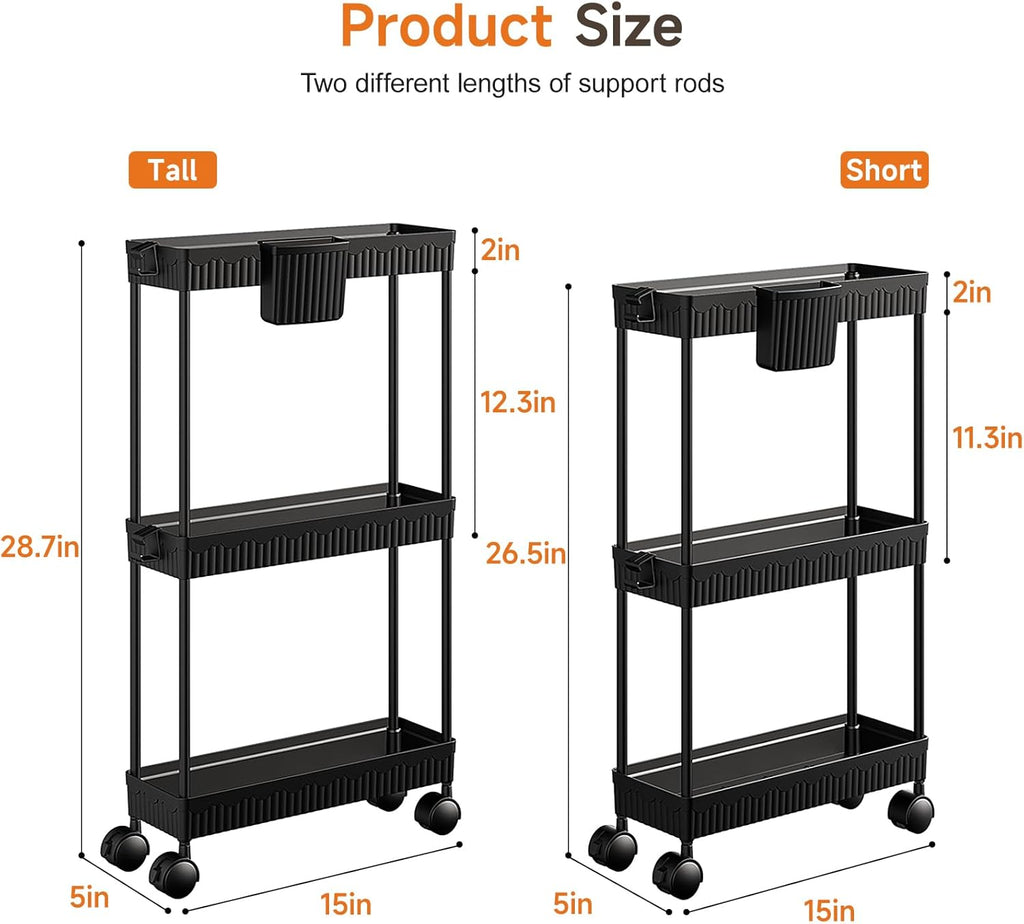 Sevenblue Slim Storage Rolling Cart - 3 Tier Utility Organizer with Wheels for Kitchen & Bathroom (Black)