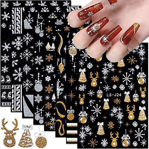 Christmas Nail Art Stickers 8 Sheets - 3D Self-Adhesive Snowflake Decals