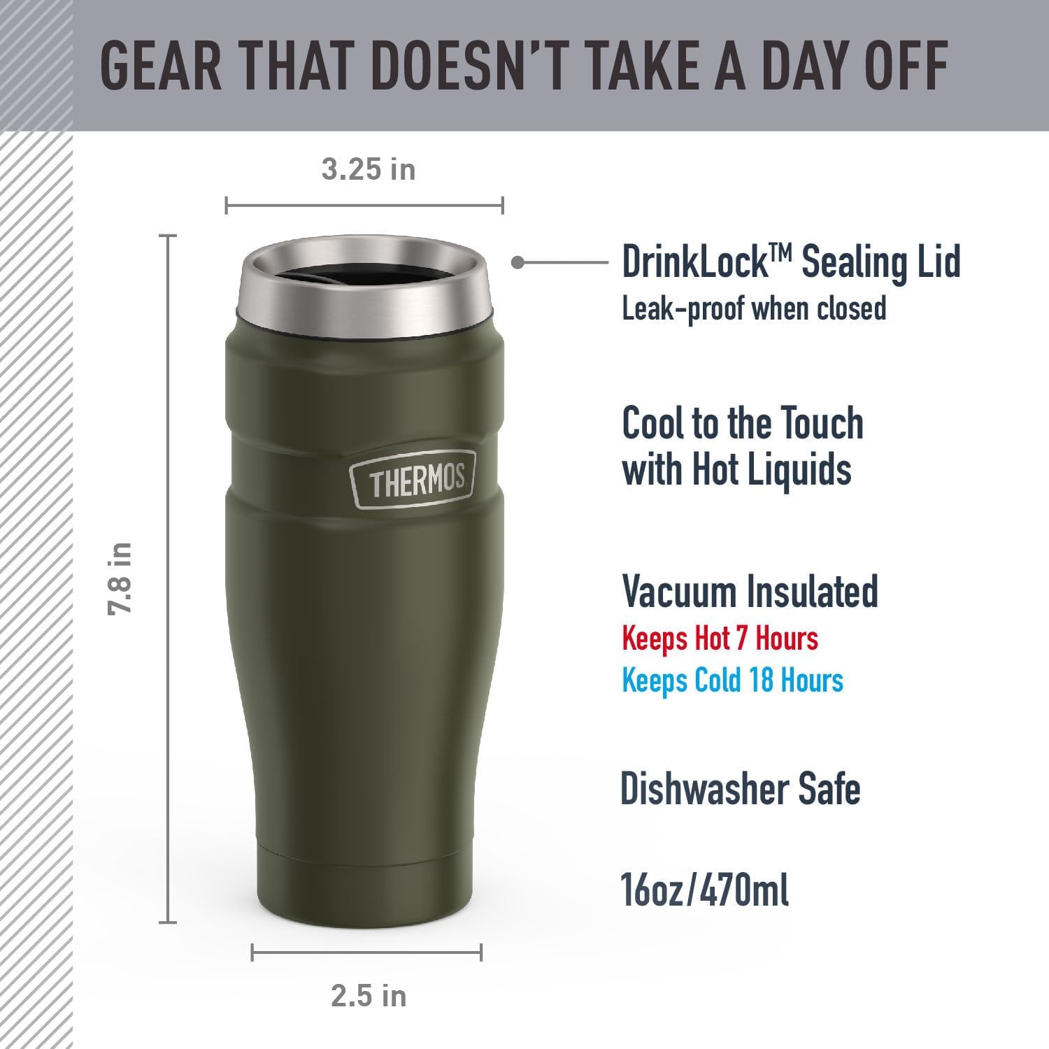 THERMOS Stainless King Vacuum-Insulated Tumbler - 16oz Army Green | Leak-Proof Coffee Cup for Hot & Cold Drinks