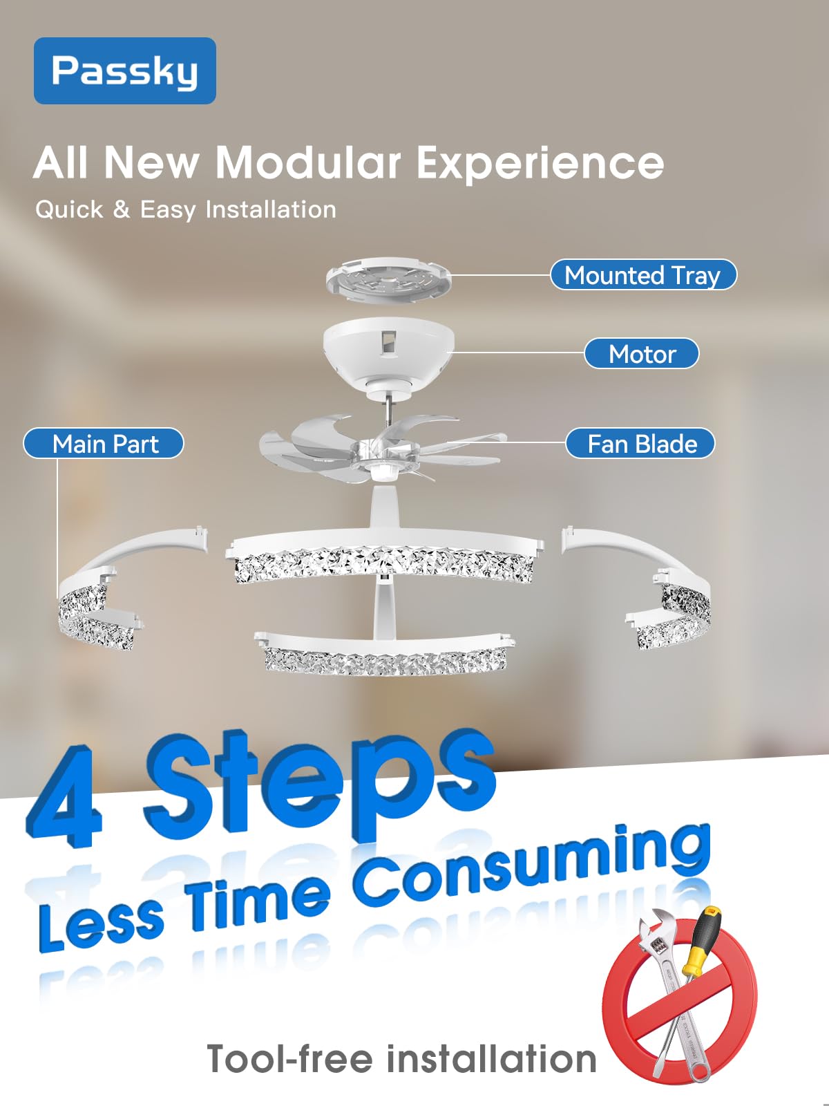 Passky 20” Low Profile Ceiling Fan with Lights and Remote, Dimmable LED Flush Mount Fandelier, 6 Speeds, 3000K–6000K, White Modern Ceiling Fan for Bedroom, Kitchen, Living Room