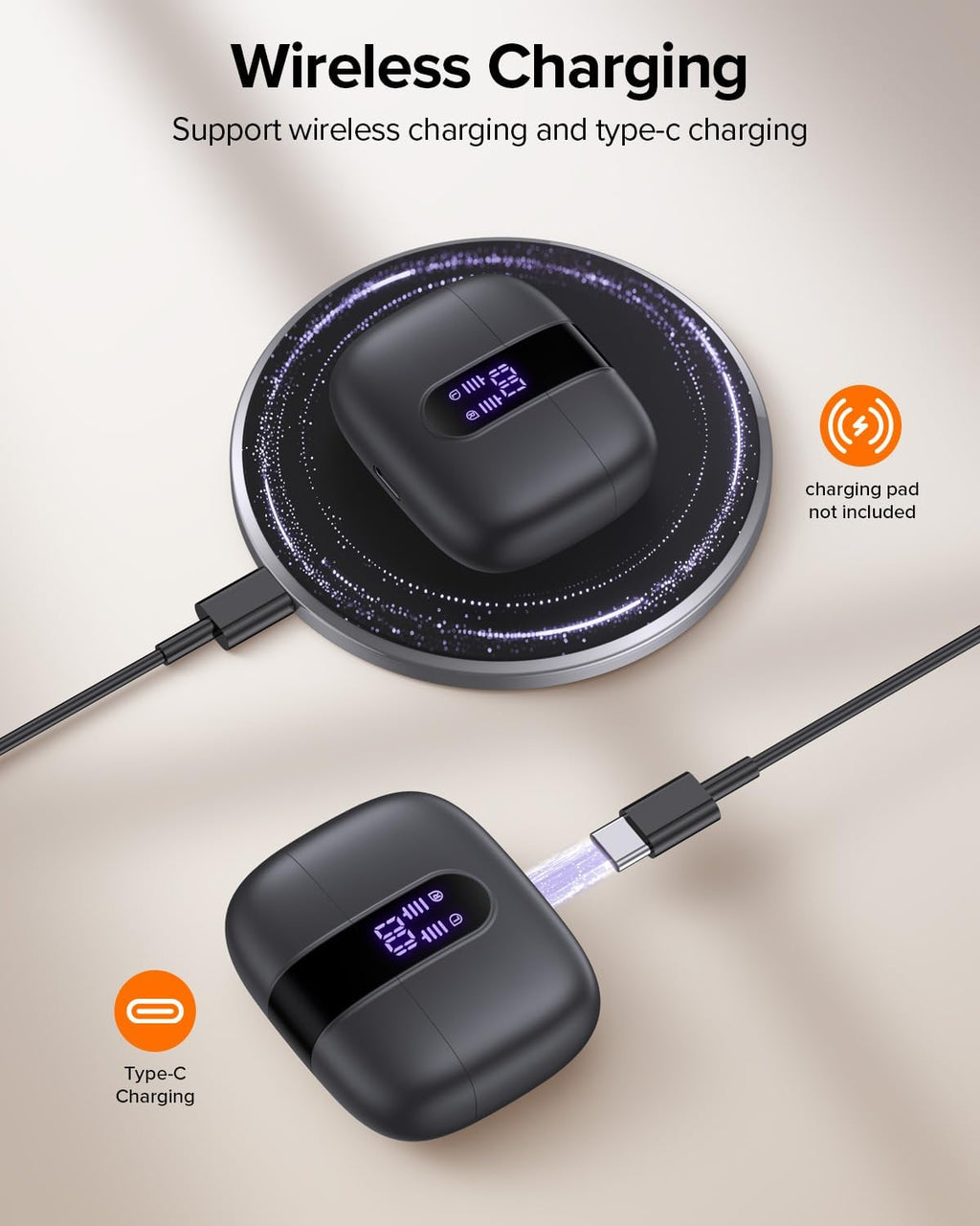 TAGRY Bluetooth Headphones - True Wireless Earbuds with 60H Playback & LED Power Display | IPX5 Waterproof, In-Ear Design for TV & Smartphones
