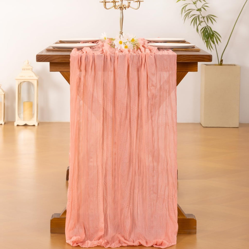 Socomi Cheesecloth Table Runner - Coral Peach Boho Style for Weddings & Parties | 120-Inch Length
