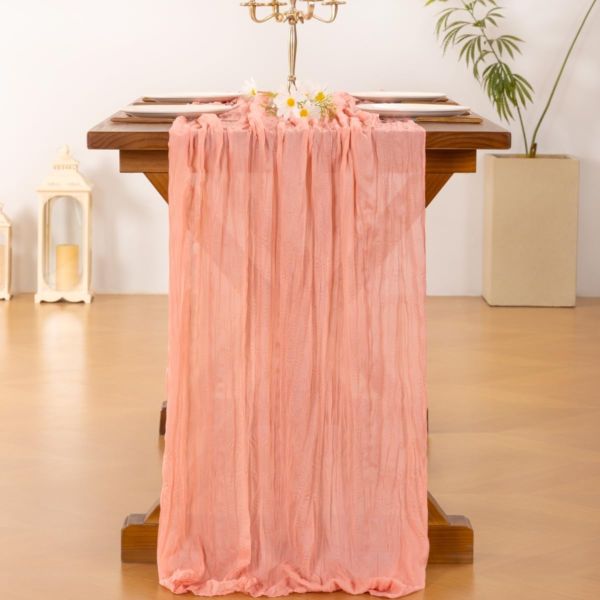 Socomi Cheesecloth Table Runner - Coral Peach Boho Style for Weddings & Parties | 120-Inch Length