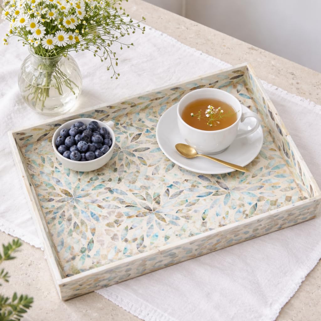 Serving Trays Handmade Trays for Serving Mother of Pearl Inlay Decorative Tray Room Decor, Coffee Table Tray Set of 2 Trays Decor for Ottoman Length 16'' and 14''