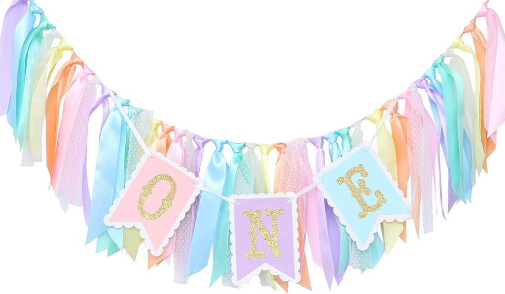 Rainbow High Chair Banner - Colorful 1st Birthday Photo Prop for Baby Girl Smash Cake