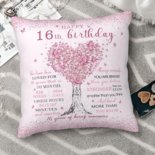 Sweet 16 Birthday Pillow Cover - Pink Heart Tree Design, 18x18