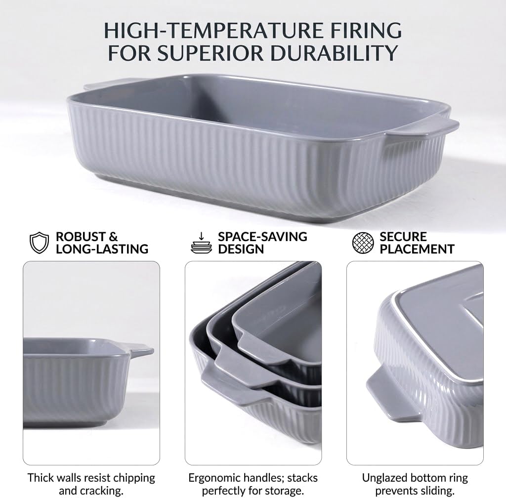 Yachi Ceramic Casserole Dishes Set - 3-Piece Rectangular Bakeware with Handles | Microwave & Dishwasher Safe, Gray (14.8''/12.7''/9.8'')