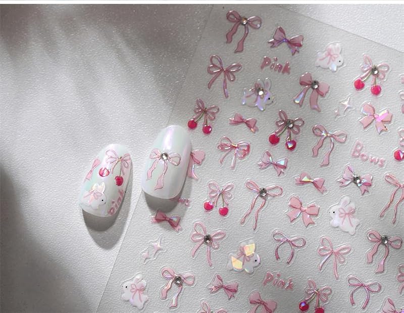 Cherry Nail Stickers 5D Embossed Summer Bow Nail Art Decals