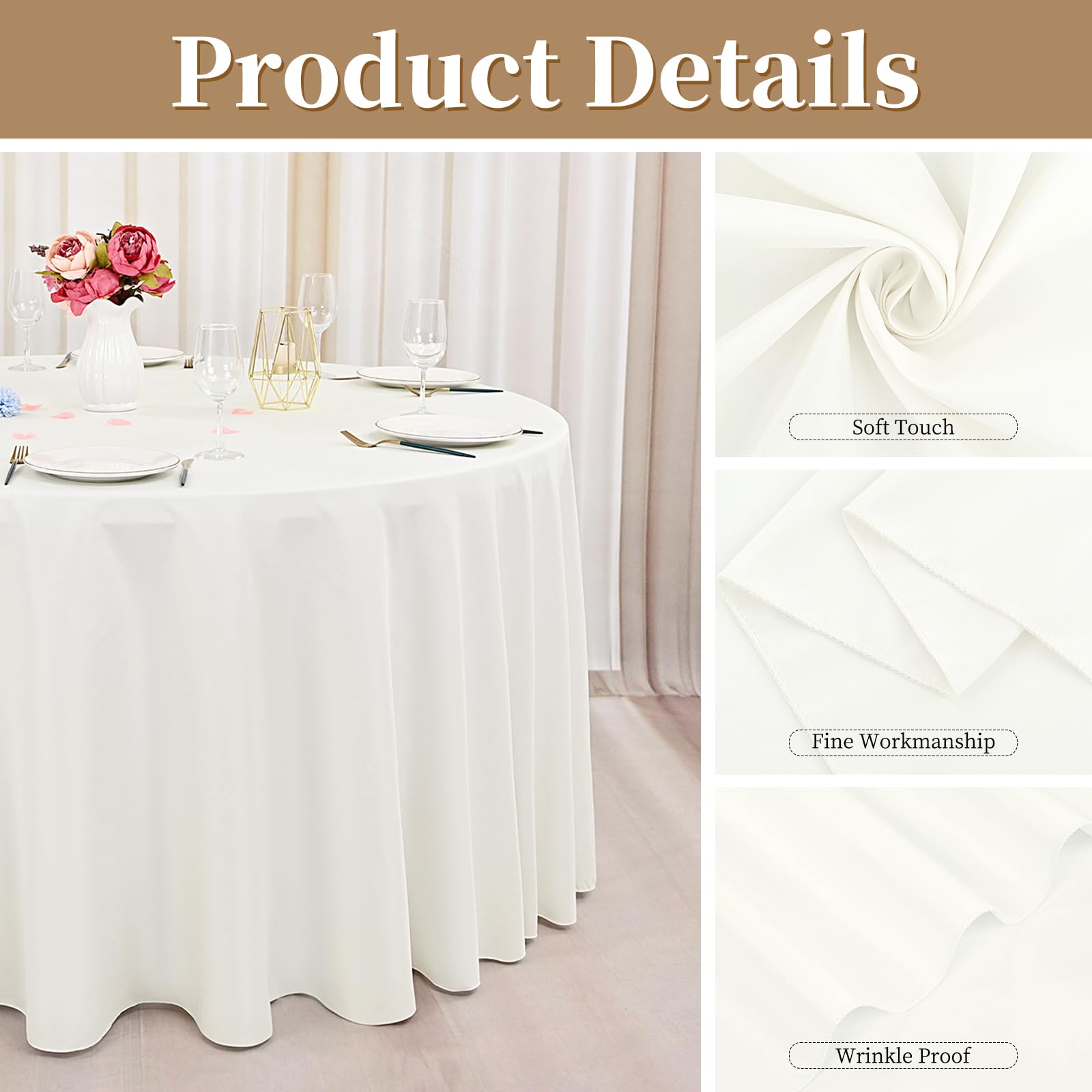 8 Pack Ivory Round Tablecloth 120 Inch Circle Polyester Table Cloth, Washable Fabric Stain and Wrinkle Resistant Table Cover Round Tableclothes for Wedding Parties Banquet Reception Dining