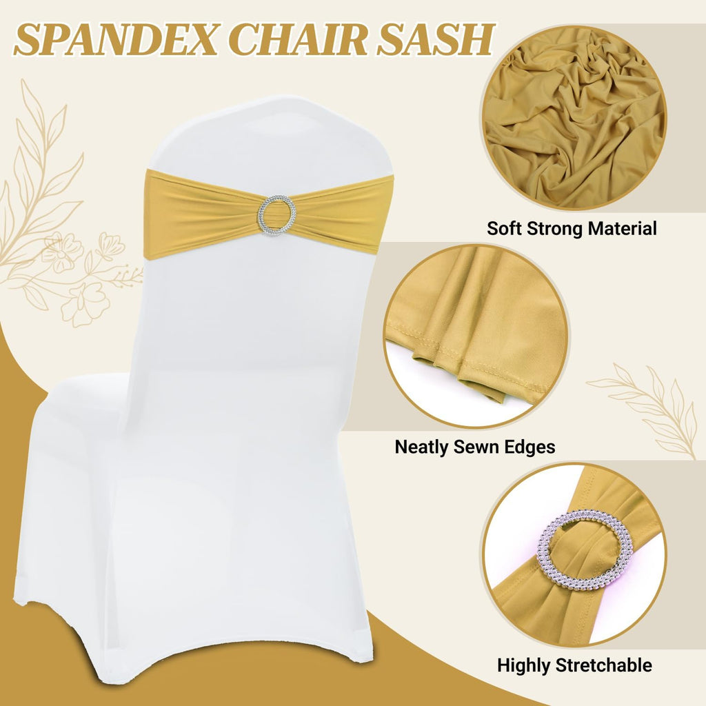 MDS Spandex Chair Sashes - 250 Universal Elastic Stretch Bands with Buckle Slider Bow | Gold
