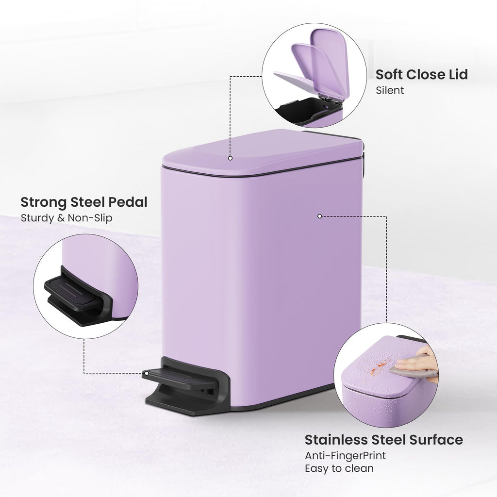 Cesun Small Bathroom Trash Can with Lid Soft Close, Step Pedal, 6 Liter / 1.6 Gallon Stainless Steel Garbage Can with Removable Inner Bucket, Anti-Fingerprint Finish (Purple)