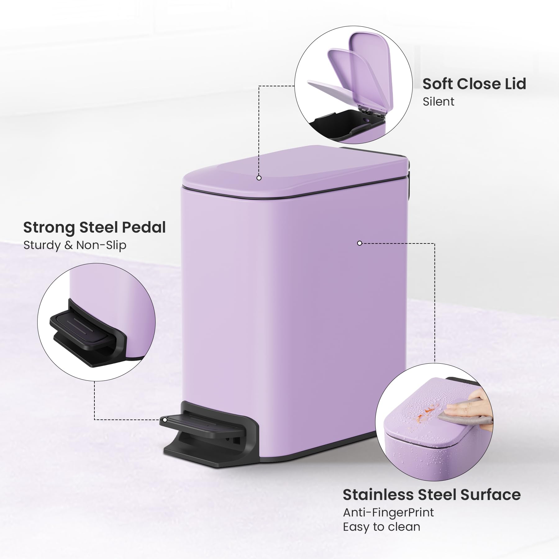 Cesun Small Bathroom Trash Can with Lid Soft Close, Step Pedal, 6 Liter / 1.6 Gallon Stainless Steel Garbage Can with Removable Inner Bucket, Anti-Fingerprint Finish (Purple)