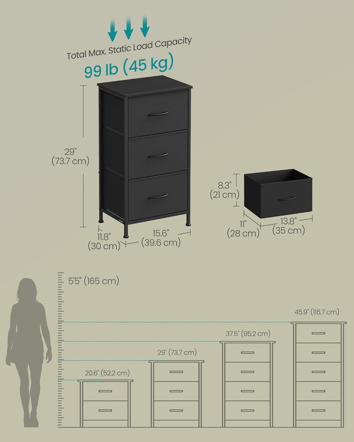 SONGMICS Dresser - Stylish Chest of Drawers with 3 Non-Woven Fabric Bins | Ink Black & Ebony Black