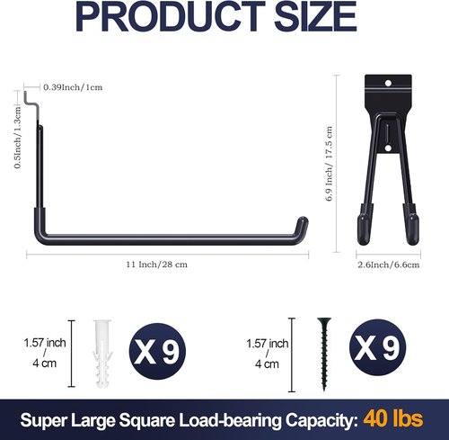 Heavy Duty Slatwall Hooks - 11 Inch Black Garage Accessories | 4 Pack for Secure Hanging